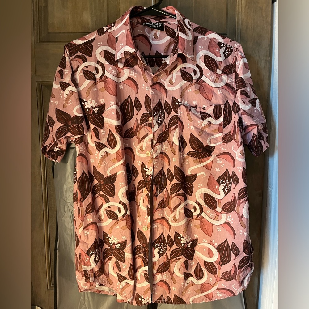 Short sleeve button unisex shirt — snake and jewel orchid print, summer, work